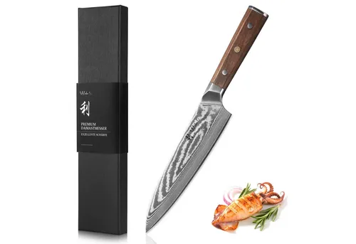 Wakoli Universalküchenmesser Damast Chef Küchenmesser 20 cm Klinge Full Tang Walnussholzgriff, Damaststahl, Full Tang, VG-10