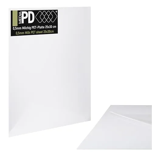 PDmedia PET Platte 25x30 cm 0,5 mm dicke Weiß – Flexible Kunststoffplatte für Modellbau & DIY, Transparente Modellbauplatte & Bastelfolie, Zuschneidbar mit Schutzfolie