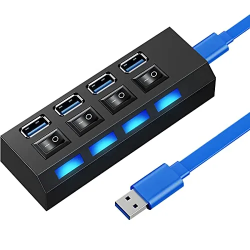 USB 3.0 Hub 4 Port Power Schalter LED Datenhub Aktiv Laden Datenübertragung Mehrfach Ports Verteiler Aus-Schalter PC Laptop MacBook Powerbank Retoo