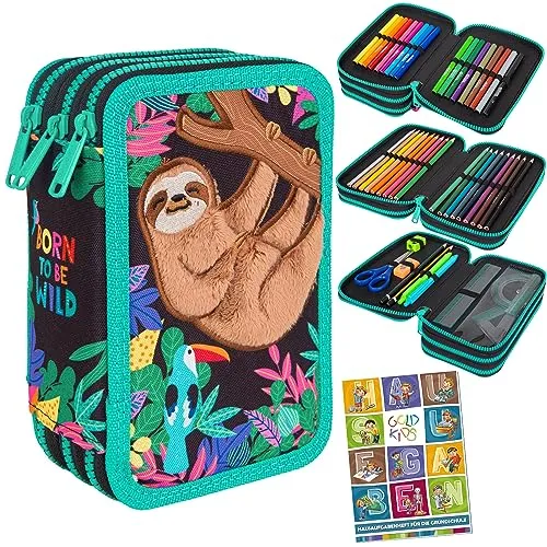 Goldkids 3-fache Federtasche mit 46 Teilen - Federmäppchen für Schüler, gefüllt mit 46 hochwertigen Schreibutensilien. Ideal für Schule und Alltag, mit praktischem 3-Fächer-Design für einfachen Zugriff und extra Platz.