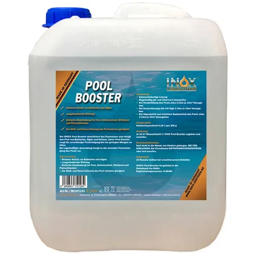 INOX® Pool Booster 5L – Hochwirksames Algizid für strahlend sauberes Poolwasser - Algizid für Pools – Effektiver flüssiger Algenvernichter für kristallklares Wasser und Schutz gegen Bakterien und Keime. Ideal für unbeschwerte Sommermomente im Pool.