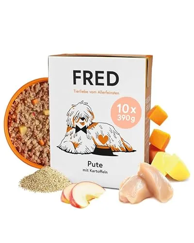 FRED Nassfutter Hund Pute mit Kartoffeln – Getreidefrei & Monoprotein – 390 g Tetra Pak - Hochwertiges Nassfutter mit 50 % Pute in Lebensmittelqualität für ausgewachsene Hunde. Ideal für sensible Tiere – ohne Getreide und künstliche Zusätze, schonend dampfgegart für eine einfache Portionierung.