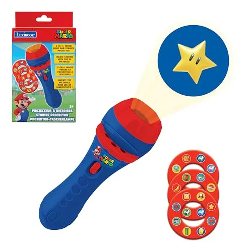 Lexibook - Super Mario Nintendo - Geschichten Projektor, Taschenlampe und Projektor mit 3 Scheiben, 24 Bilder, erstellen Sie Ihre eigenen Geschichten, Spiel für Kinder/Jungen, Blau/Rot, LTC050NI