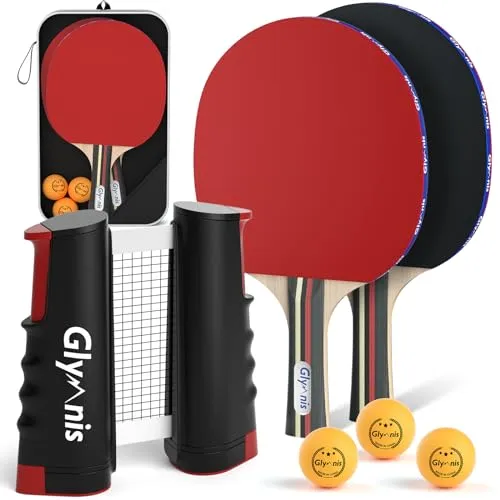 Glymnis Tischtennis-Set Tragbares Ping Pong Bälle Set für Indoor Outdoor Spiel Tischtennis-Training mit einziehbarem Netz, Paddel, 3-Sterne-Bälle & Aufbewahrungstasche