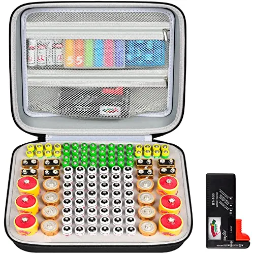 Againmore Batterie Aufbewahrungsbox mit Tester für 118+ AA AAA C D 9V | 118 Plätze für AA, AAA, C, D und 9 V; 2 Netztaschen für Tester und Knopfzellen, formstabiler EVA-Koffer