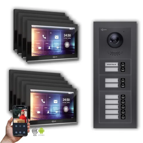 Goliath IP Video-Türsprechanlage 10-Zoll für 9 Familienhäuser - Moderne Video-Türsprechanlage mit Touchscreen und Full HD Kamera. Ideal für private oder gewerbliche Nutzung, kompatibel mit Smart-Home-Systemen. 5 Klingeltöne und elegante schwarze Unterputzdose.