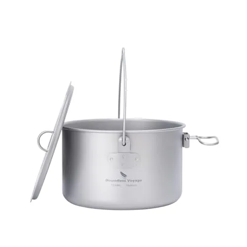 iBasingo Camping Topf 1,3L Titan - Leichtes Kochgeschirr Set für Outdoor, Wandern & Trekking - Hängender Kochtopf mit Klappgriff - Küchenutensilien für 1 Person - Mess Kit Ti2043C