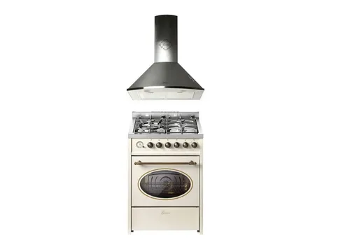 GURARI Retro Gas-Elektro Standherd 60 cm mit Dunstabzugshaube - Eleganter Gurari Gas-Elektroherd mit 4-flammigem Gaskochfeld und Multifunktions-Backofen – ideal für kreative Köche. Stilvolles Retro-Design in Creme mit Edelstahl-Akzenten für eine gemütliche Kücheneinrichtung.