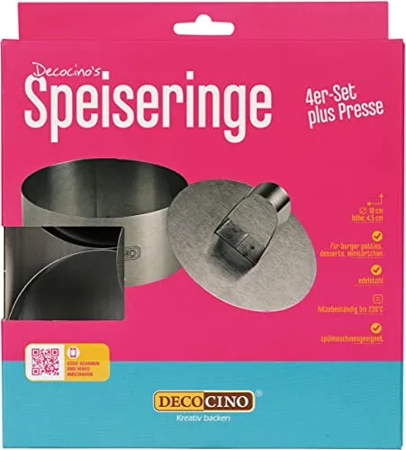 DECOCINO Speiseringe 4er-Set mit Presse - Ø 10cm, 4cm Höhe - Edelstahl Dessertringe zum Backen, Formen und Schichten von Desserts, Burger Pattys uvm.