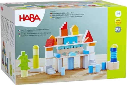 Basisbausteine bunt, Set mittel - Konstruktionsspielzeug für kreative Köpfe - Kreatives Konstruktionsspielzeug, 85-teiliges Set aus hochwertigem Holz, fördert die motorischen Fähigkeiten und die Kreativität von Kindern ab 12 Monaten.