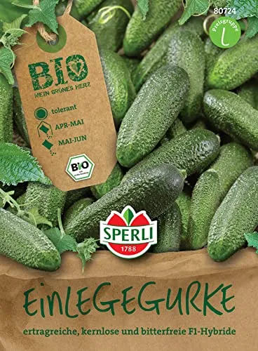 Sperli 80724 BIO Einlegegurke F1, rein weibliche Sorte bildet bitterfreie dunkelgrüne Früchte ohne Kerne, tolerant und widerstandsfähig