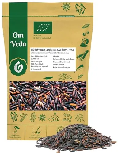OmVeda Bio Schwarzer Langkornreis 1 kg | Vollkornreis mit nussig-würzigem Aroma | Für Salat, Pfannengericht, Auflauf, Suppe & Beilage | Ballaststoffreich, Vegan & Naturbelassen