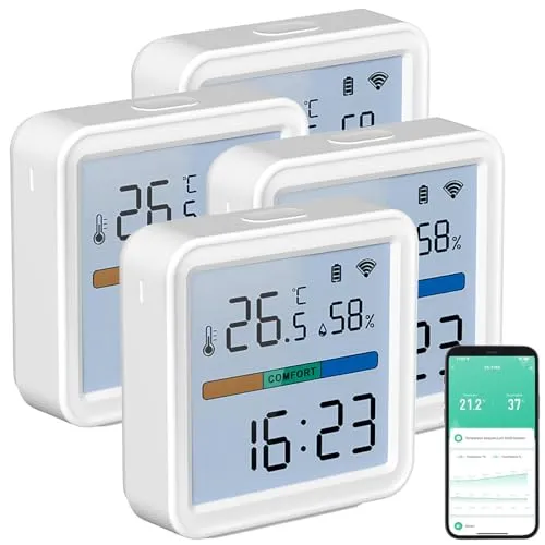 Luminea Home Control Hygrometer WLAN: 4er-Set WLAN-Temperatur-und Luftfeuchtigkeitssensor, Datenlogger (Thermometer WiFi, Temperaturmessung, Luftbefeuchter für Heizung)