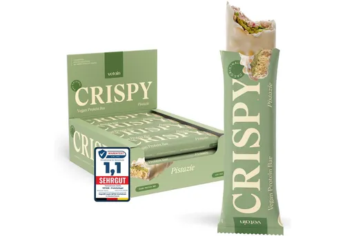 VETAIN Vegan Protein Riegel - Crispy Pistazie mit 12g Protein - Crispy Pistazie Sportriegel mit 12g pflanzlichem Protein pro Riegel. Ideal für unterwegs oder nach dem Training. 100% natürliche Zutaten und ohne Zuckerzusatz – für bewusste Snackmomente.