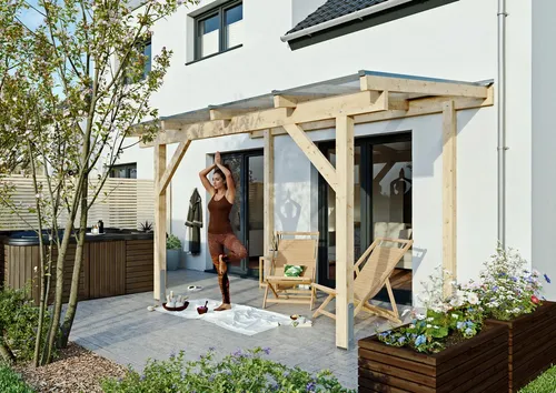 KONIFERA Terrassendach Capella, BxT: 409,2x250 cm, Bedachung Hohlkammerplatten, Bausatz aus naturbel. Leimholz mit lichtdurchl. Polycarbonat-Pultdach