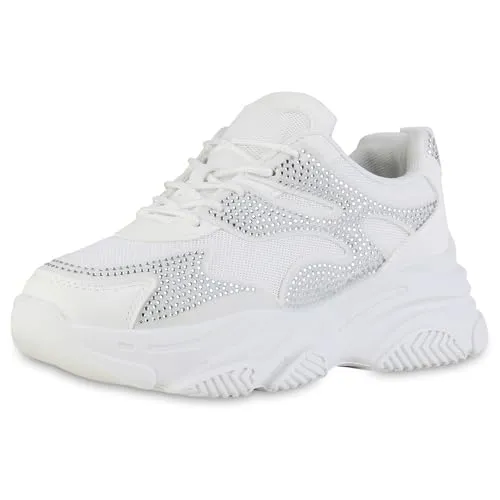 VAN HILL Damen Plateau Sneaker Blockabsatz Strass Trendy Schuhe 214186 Weiss 37