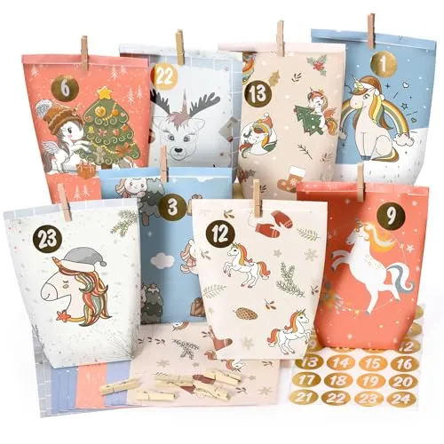 Adventskalender tüten zum Befüllen 2025, 24 bedruckte Geschenktüten,Adventstüten zum selbst füllen, Geschenk Papiertüten mit Zahlen Aufkleber zum Selbstbefüllen, Wiederverwendbar