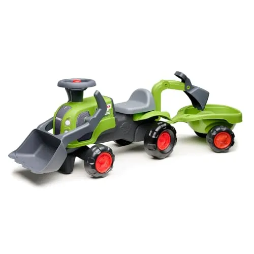 FALK Claas Kindertraktor mit Frontlader, Hecklader & Anhänger - Kinderfahrzeuge – Robuster Sitztraktor mit beweglichem Front- und Hecklader, ideal für kreative Rollenspiele und Outdoor-Abenteuer.