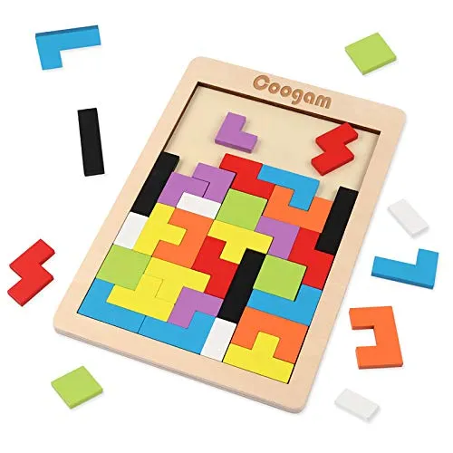 Coogam Holz Puzzle 40 Stück Tangram Puzzle Gehirntraining Spielzeug für Kinder, Holzpuzzle Box Gehirn Spiel Baustein Intelligenz pädagogisches Geschenk für Kleinkinder