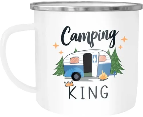 MoonWorks® Emaille-Tasse Camping Queen King Wohnwagen Geschenk Camper Campingurlaub Zubehör Emaille-weiss-silber standard