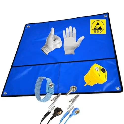 Minadax 60×60 cm ESD Set Antistatische Arbeitsmatte Tischmatte Unterlage | Tragbar & Faltbar + Erdungstecker + Manschette + Erdungskabel + ESD Handschuhe - Schutz vor Entladungsschäden