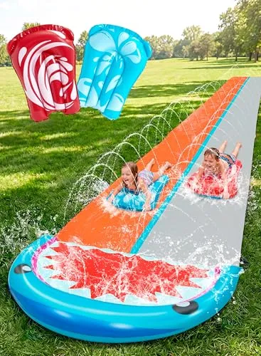 Sloosh 22,5ft/685,8cm Wasserrutsche mit 2 aufblasbaren Boards, doppelte Rasen-Wasserrutsche mit fortschrittlichen Sprinklern, Sommerspielzeug für Kinder und Erwachsene, Spaß im Garten, Hai