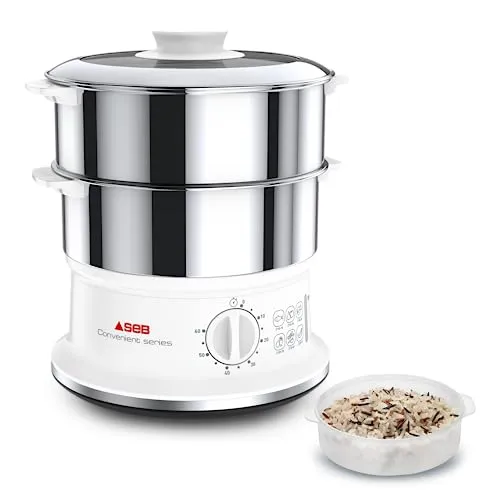 SEB VC145100 Cuiseur Vapeur Dampfgarer - Dampfgarer mit 2 Edelstahlschüsseln und 60-Minuten-Timer, ideal für gesundes Kochen und praktisches Verstauen.