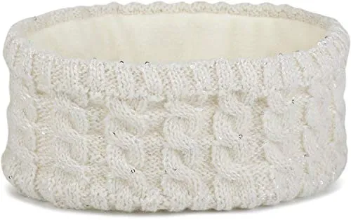 styleBREAKER Damen Strick Stirnband mit Zopfmuster und Pailletten, Fleece Futter, Haarband, Thermo Winter Headband 04026028, Farbe:Creme