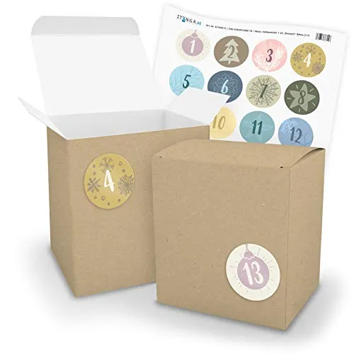 itenga Adventskalender zum Befüllen 24x extra große XL Würfel Schachteln mit Zahlenaufklebern (Würfel BRAUN (V19 Z17))