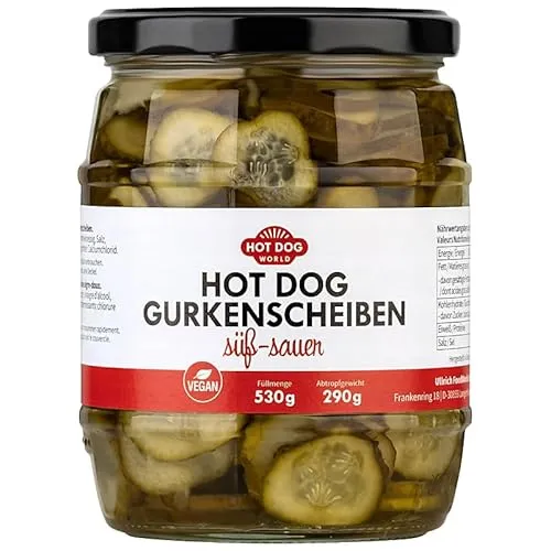 HOT DOG WORLD Süß-Saure Hot Dog Gurkenscheiben, Vegan, Knackiger Gurkensalat für Hot Dogs, Burger, Sandwiches (530 g)