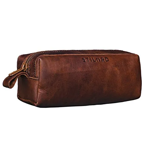 STILORD Linus Etui Leder Vintage Herren Damen Stifteetui Lederetui Federmappe quadratisch Stiftetasche echtes Rindsleder Farbe:Cognac - Dunkelbraun