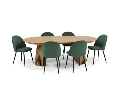 Tokyo Essgruppe Esstisch mit 6 grünen Velours-Stühlen - Elegantes Esszimmer-Set in Natur mit 6 komfortablen Samtstühlen. Der aus MDF mit Eichenfurnier gefertigte Tisch bietet Platz für gesellige Runden und schafft eine stilvolle Atmosphäre.