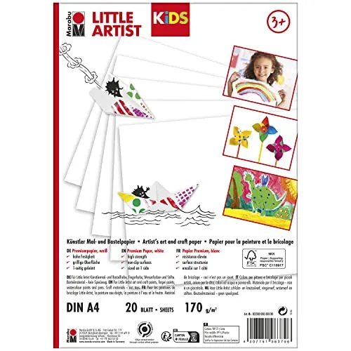 Marabu KiDS Little Artist, Künstlermal- und Bastelpapier DIN A4, 170 g/m², 20 Blätter aus FSC-zertifiziertem Papier, für Bastelfarbe, Fingerfarbe, Wasserfarbe und Stifte, 0320000000100