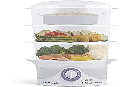 Orbegozo CO 4015 - Elektrischer Dampfkochtopf, BPA-frei, drei stapelbare Behälter inklusive einer speziell für Reis, Timer bis zu 60 Minuten mit automatischer Abschaltung, 800 W Leistung