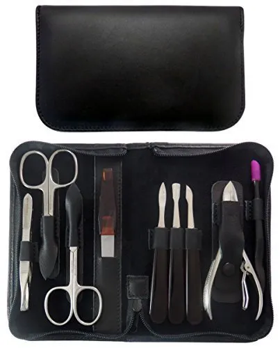 Tenartis 349 9 teiliges Maniküre und Pediküre Etui aus echtem Leder mit Reißverschluss - Schwarz Nappa