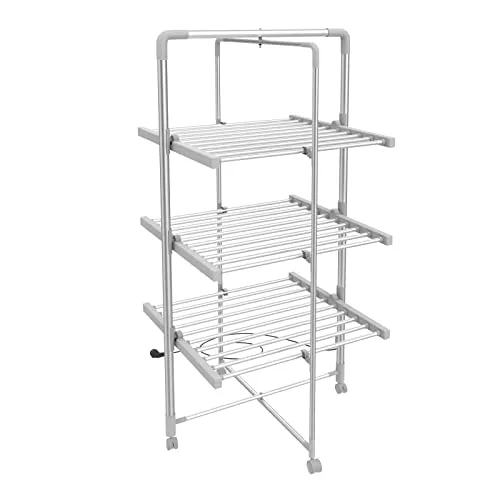 Todeco - Elektrischer Wäscheständer, Klappbare Wäscheleine für Drinnen - Klappmaß: 143 x 72 x 9 cm - Material: Aluminiumlegierung - 3 Ablagen, Weiß, with Wheels