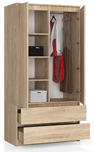 BDW Kleiderschränk 2 Türen, 4 Einlegeböden, Kleiderständer, 2 Schubladen, Mehrzweckschrank, Schubladenschrank, Garderobenschrank für Schlafzimmer, Wohnräume, 180x90x51cm, Eiche Sonoma