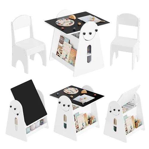 WOLTU Kindertisch mit 2 Stühlen, Kindertisch mit Stauraum, Innen 3 in 1 Maltisch/Tafeltisch mit Bücherregalen für Kinderzimmer, Vorschüler Kindersitzgruppe Indoor, Weiß