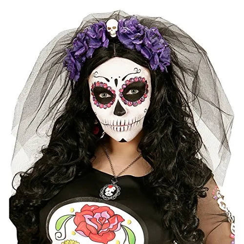 Amakando La Catrina Haarschmuck Tag der Toten Haarreif schwarz-lila Totenkopf Halloween Haarreifen Dia de los Muertos Schleier Day of The Dead Diadem Rosen Kopfschmuck Totenschädel