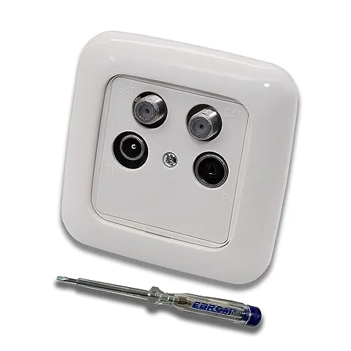 Busch Jäger SET: Unterputz 4-Loch Dose 40-2400 MHz, Enddose Stichdose für Radio, TV, SAT1 & SAT2. Inkl. ReflexSi alpinweiß 1fach Rahmen, Abdeckung + EBROM Phasenprüfer zur Montage des Geräts