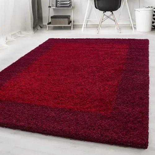 Carpetsale24 Hochflor Teppich Shaggy mit Bordüre 80x250 cm Rot, 2-farbig, flauschig & weich, modernes Design, rechteckig, perfekt für Flur oder Küche