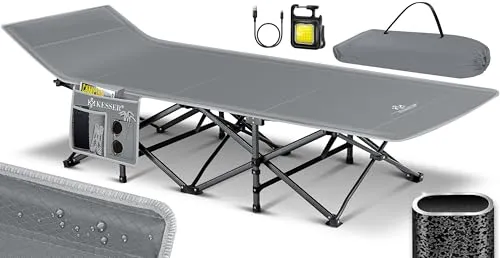 KESSER® Campingbett Feldbett Klappbar Klappbett Campingliege inkl. Tragetasche, Campinglicht + Seitentasche Stabiles Feldbett 250kg Belastbar Metallrohr 600D Oxfordgewebe Tragbar Liege (Grau, 210 cm)