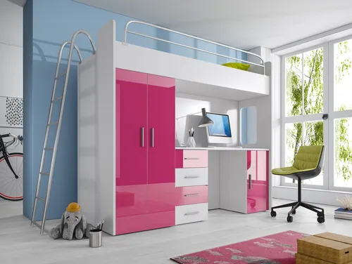 DOPPELSTOCKBETT STOCKBETT ETAGENBETT MIT SCHREIBTISCH+KLEIDERSCHRANK-RAJ 4D ROSA