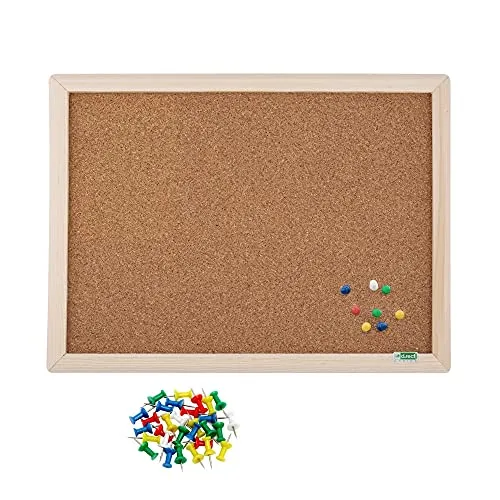 D.RECT SET Kork-Pinnwand mit Holzrahmen mit mehrfarbig Reißnagel 35 Stk., Reißzwecken, Korktafel Naturrahmen, 30 x 40 cm, 800103