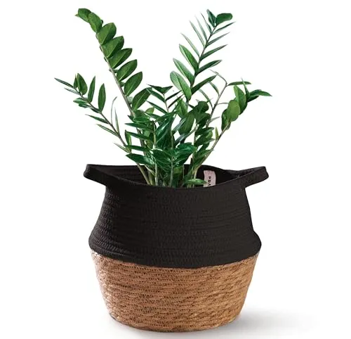 Praknu Deko Blumentopf Übertopf - Seegras Geflochten mit Baumwolle Ø 23cm - Pflanzkorb Boho Schwarz