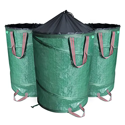 VOUNOT Pop Up Gartensack mit Griffen und Kordelzugverschluss 3er Set 170 L, Faltbarer Laubsack Selbstaufstellend Gartenabfallsack, Grün