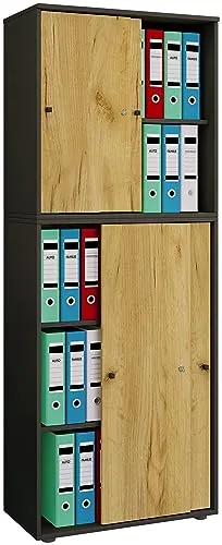 VCM Aktenschrank Lona mit Schiebetüren - Büroschränke mit 5 Fächern, abschließbar und ideal für die sichere Aufbewahrung von bis zu 35 Ordnern. Hochwertige Metallbeschläge und variable Fachböden für maximale Flexibilität.