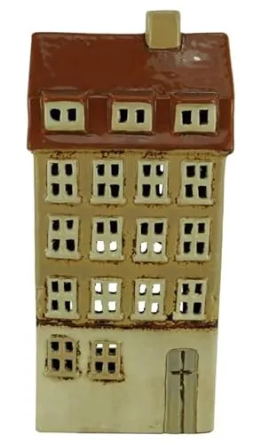 mucHome Windlicht Haus für Teelicht aus Keramik Teelichthaus Lichthaus (Hellbraun 11x8,5x24cm)