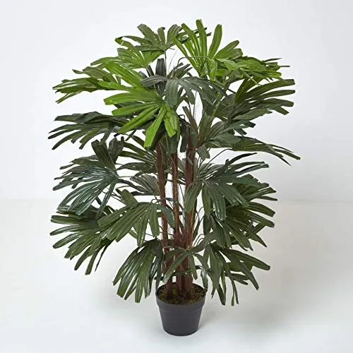 HOMESCAPES künstliche Steckenpalme Rhapis Excelsa, naturgetreue Kunstpflanze im Topf, hochwertige Dekopflanze, Indoor-Pflanze, 120 cm