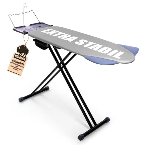 BigDean Bügelbrett XXL - Stabiler Bügeltisch mit Schulterpassform - Bügelbrett XXL (120x45 cm) mit ausklappbarer Schulterpassform für perfekte Ergebnisse beim Bügeln von Hemden. Ergonomisch höhenverstellbar und ideal für Dampfbügelstationen.